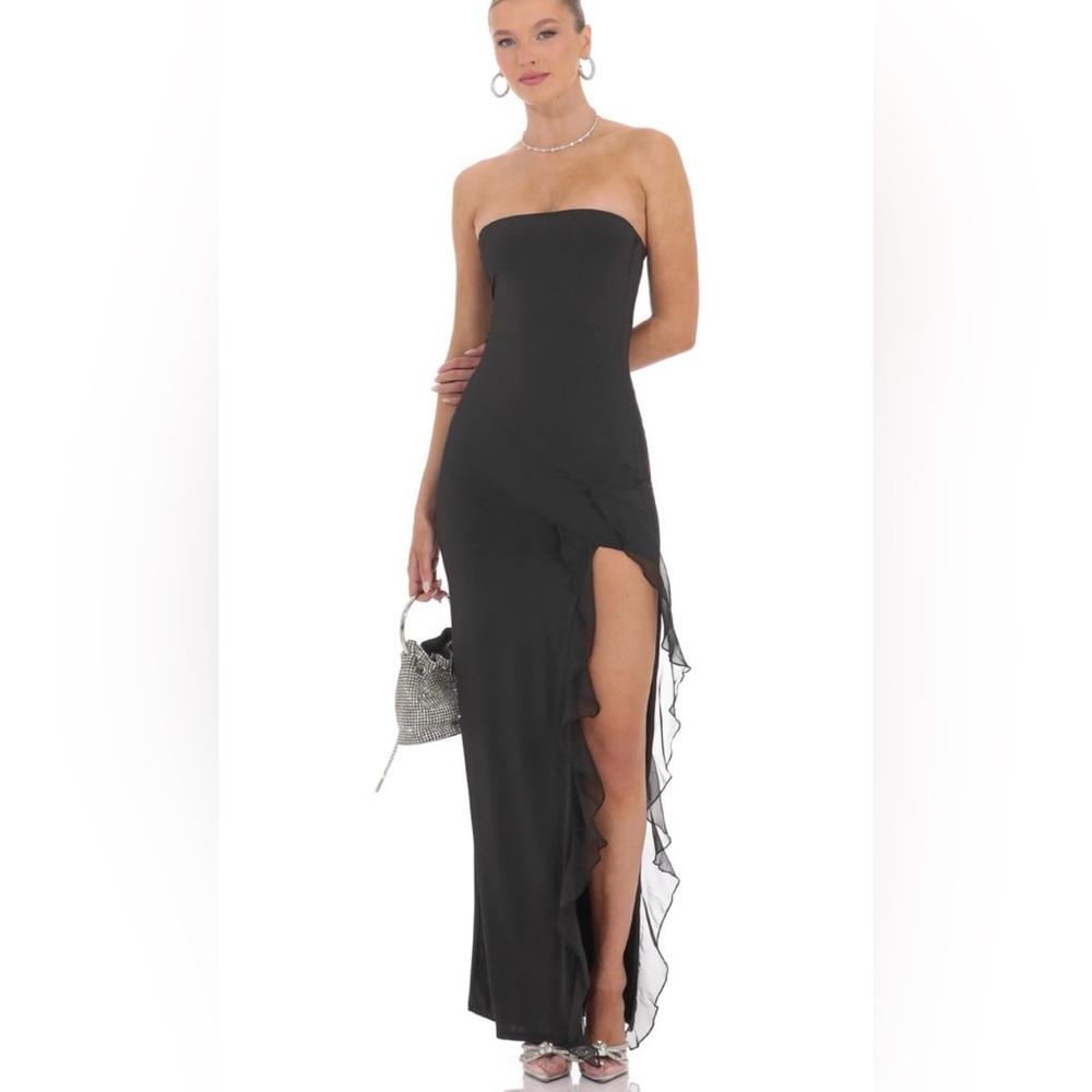 Strapless Ruffle Slit Maxi Dress